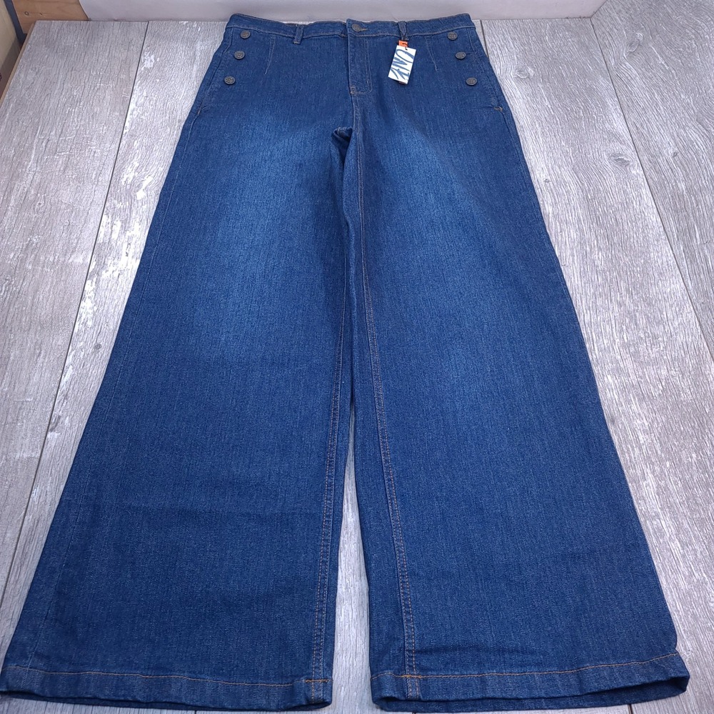 ONE Marine Cut Jeans Women 34 Blue Wide Leg Sailor Button High Rise Denim